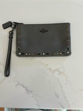 Coach Gray Pebble Leather Studded Wristlet